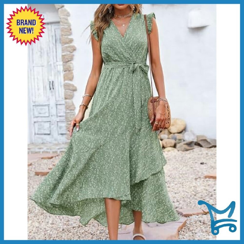 Floral Maxi Dress Wrap V-Neck Ruffle Sleeve Formal Wedding Guest - Picture 7 of 8